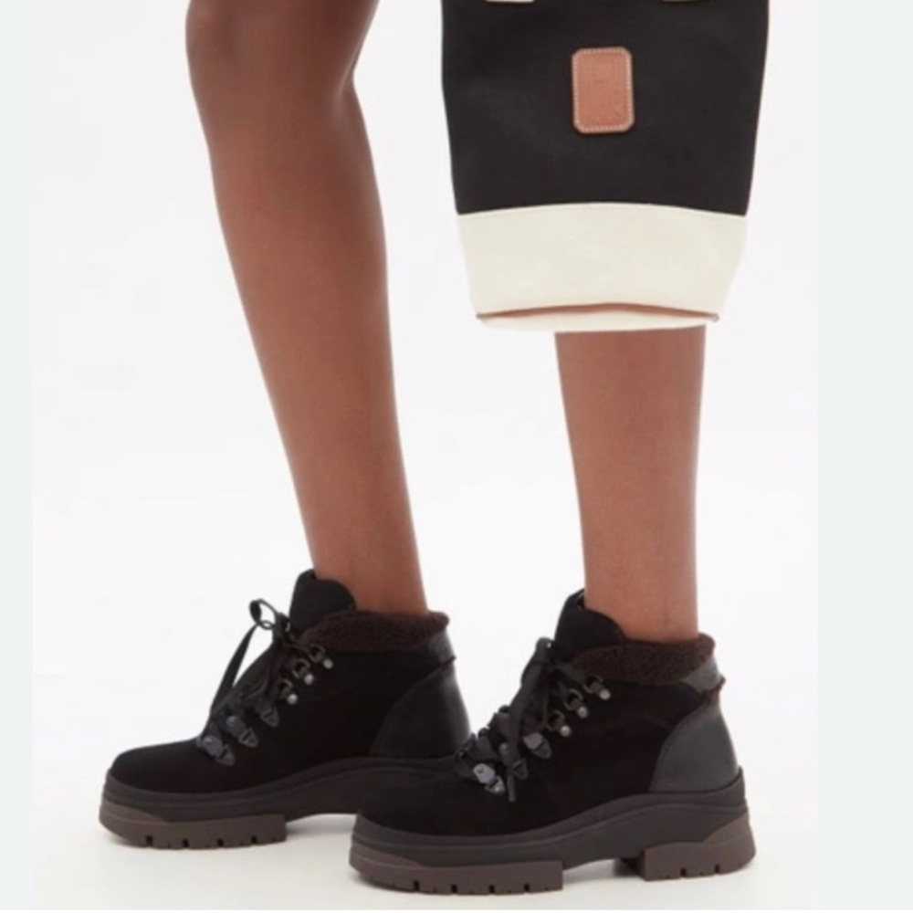 See By Chloe Aure Suede Leather Shearling Lined Brown Black Ankle Boots